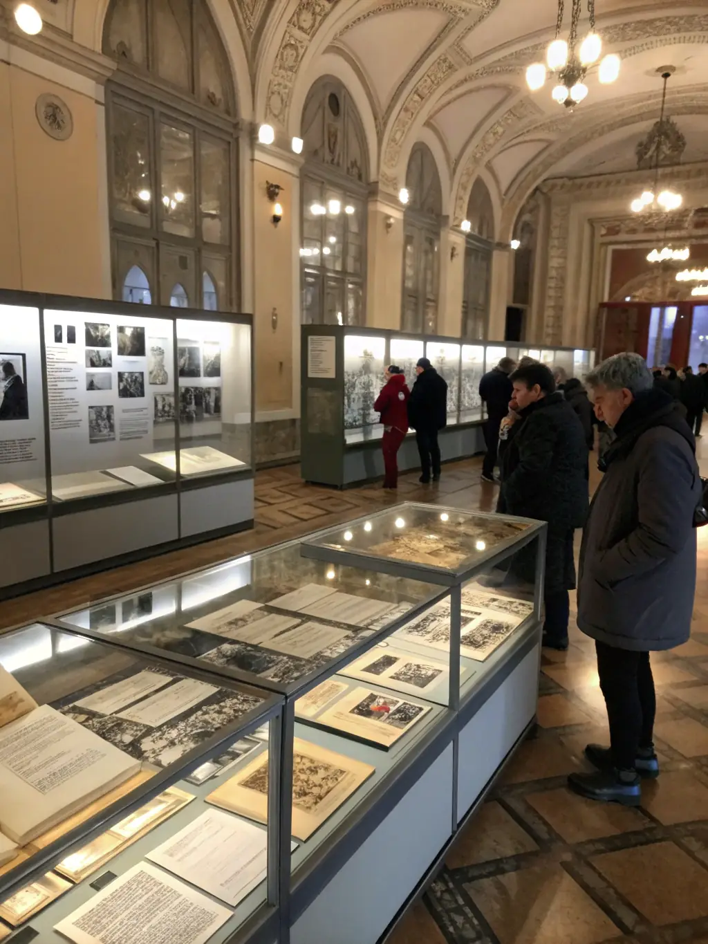 A photograph of a temporary exhibition at the Musée de la Résistance et de la Déportation du Cher, showcasing artifacts and documents related to the French Resistance.
