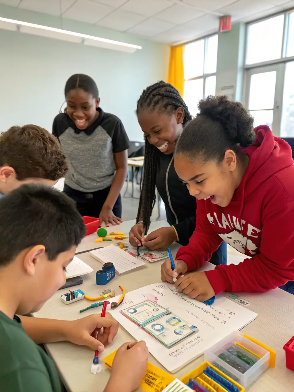 A photograph of a group of students participating in a workshop at the Musée de la Résistance et de la Déportation du Cher, focusing on historical documents and artifacts.
