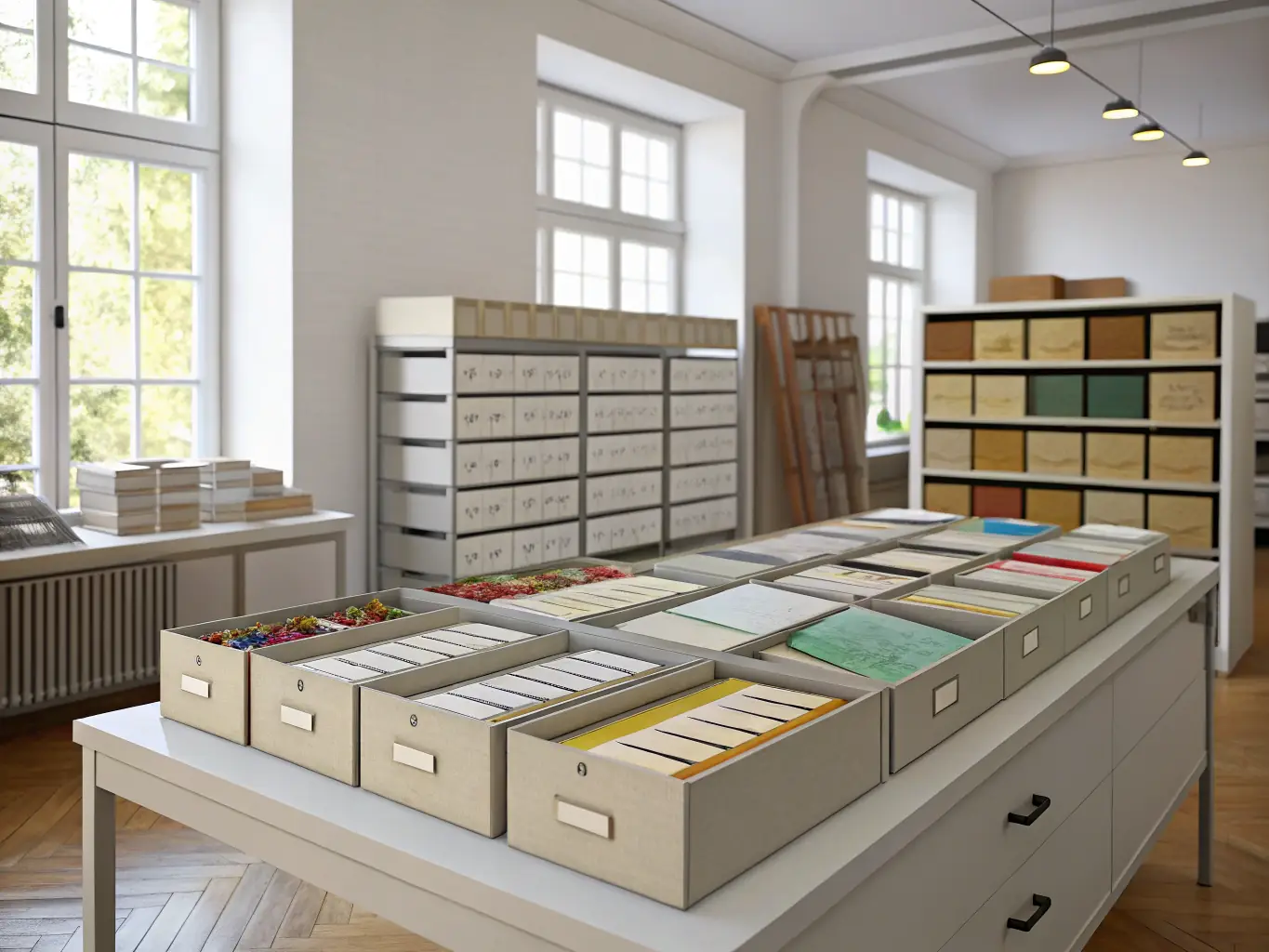 A photograph capturing volunteers working diligently to archive and preserve historical documents related to the French Resistance. The scene is set in a well-organized archive room, with shelves filled with files and boxes.