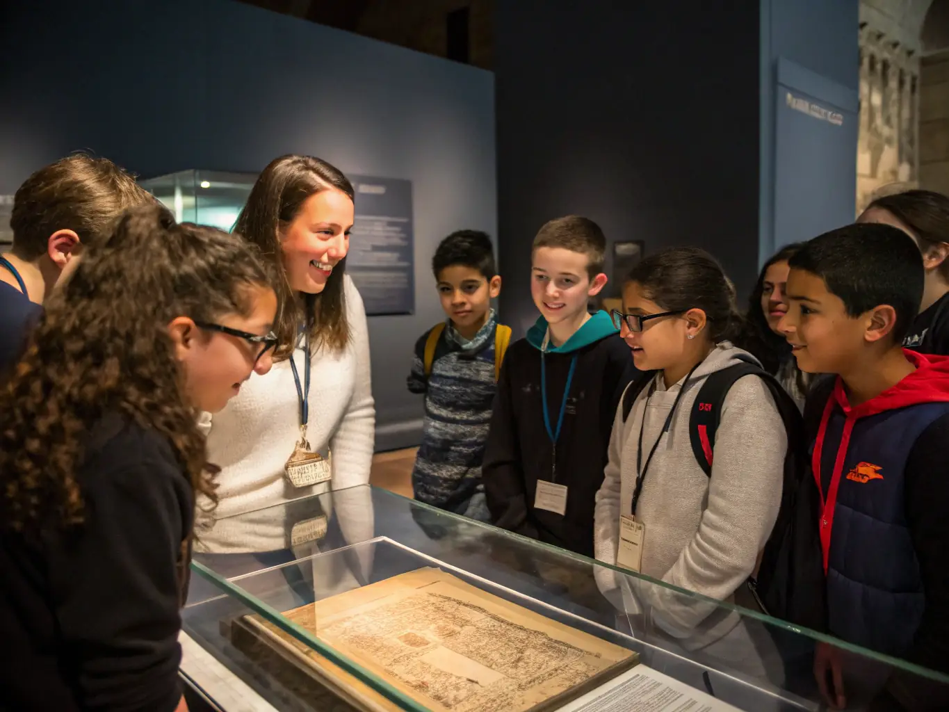 A photograph depicting a group of students participating in an educational workshop at the Musée de la Résistance et de la Déportation du Cher, with a focus on interactive learning and historical artifacts.