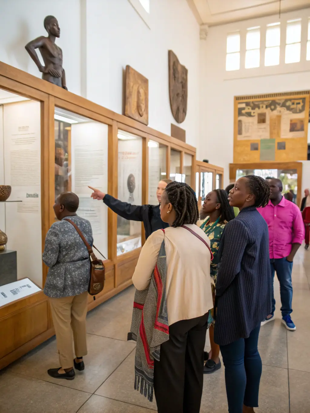 A photograph of a guided tour at the Musée de la Résistance et de la Déportation du Cher, with a knowledgeable guide explaining the historical context to a group of visitors.