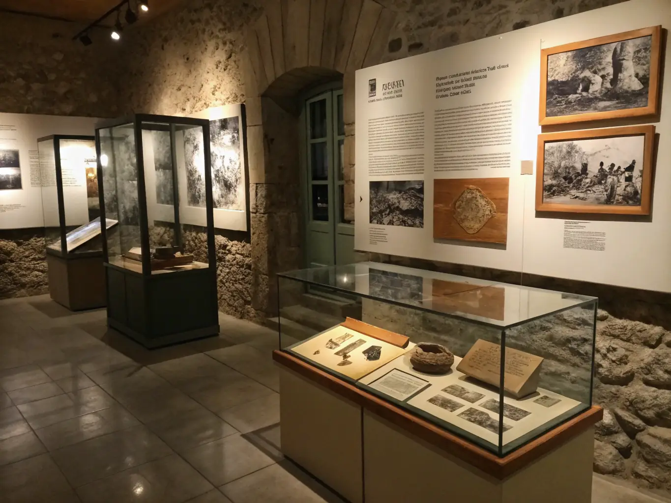 A photograph showcasing an exhibition at the Musée de la Résistance et de la Déportation du Cher, featuring historical documents, artifacts, and informative displays about the Resistance and Deportation.