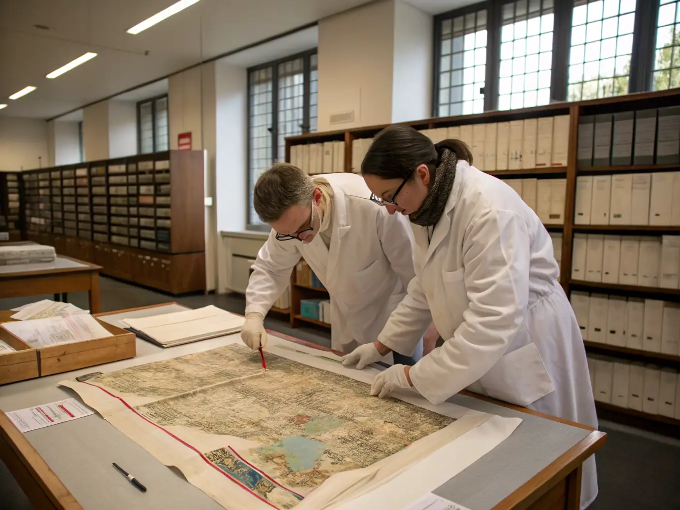 A photograph of volunteers working on preserving historical documents and artifacts at the Musée de la Résistance et de la Déportation du Cher, highlighting the importance of conservation efforts.