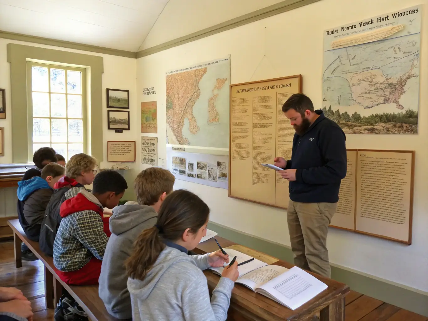 A photograph showing a group of students attentively listening to a museum guide during an educational program about the French Resistance. The setting is a museum classroom, with historical documents and images displayed on the walls.